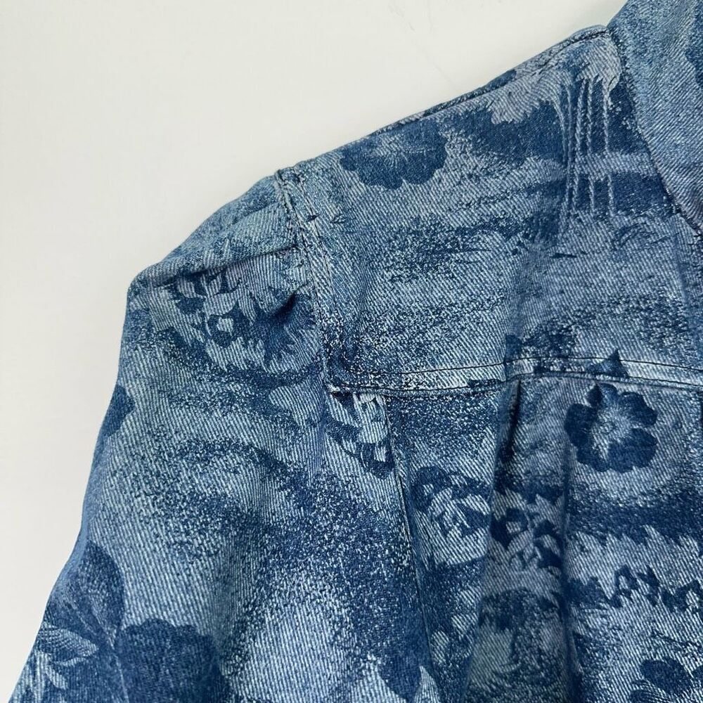 Learsi Women’s Vintage Hawaiian Hibiscus Floral Puff Sleeve Snap Jean Jacket - Picture 9 of 11